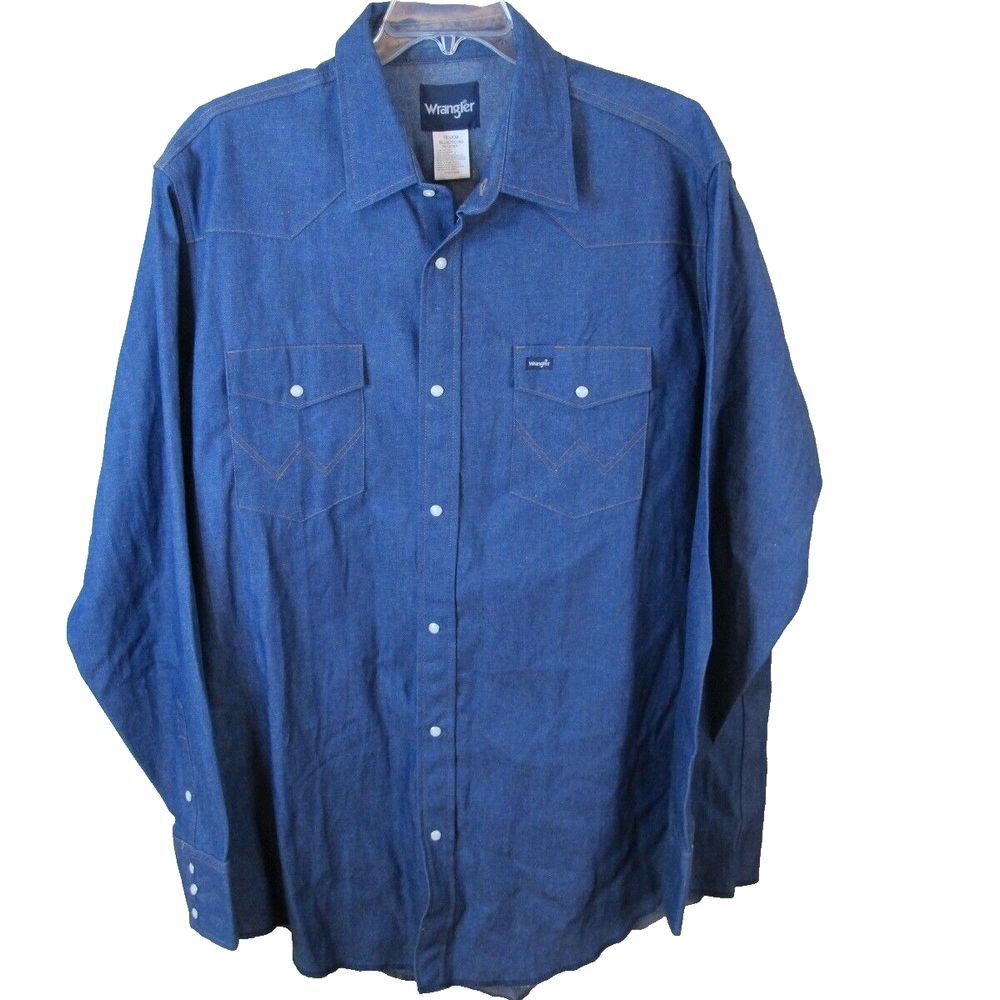 Wrangler Men's Cowboy Cut Firm Finish Western Pearl Snap Shirt Blue 18.5x38 Tall